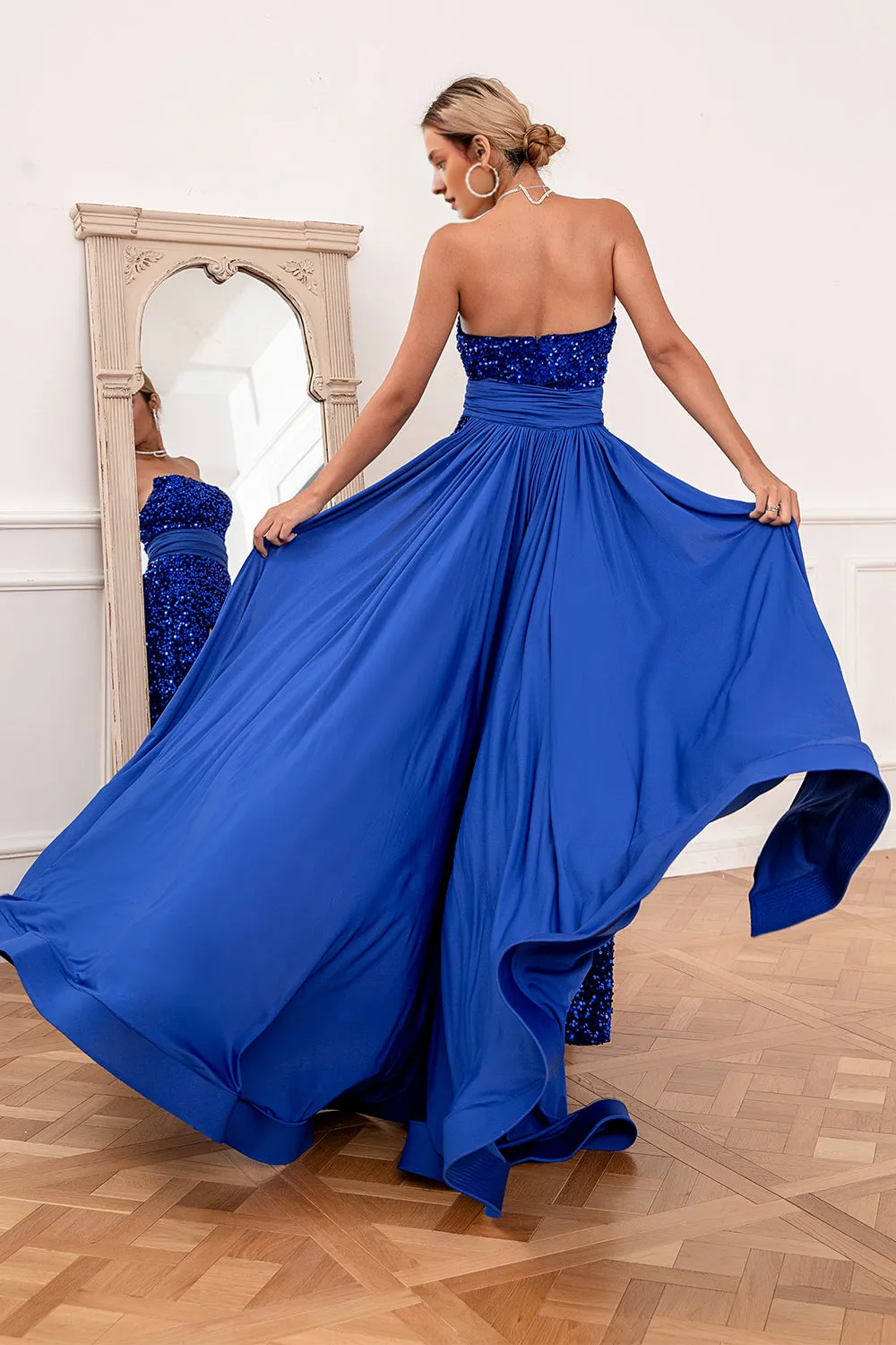 Off-the-Shoulder Sequins Strapless Floor Length Prom Dress With Slit